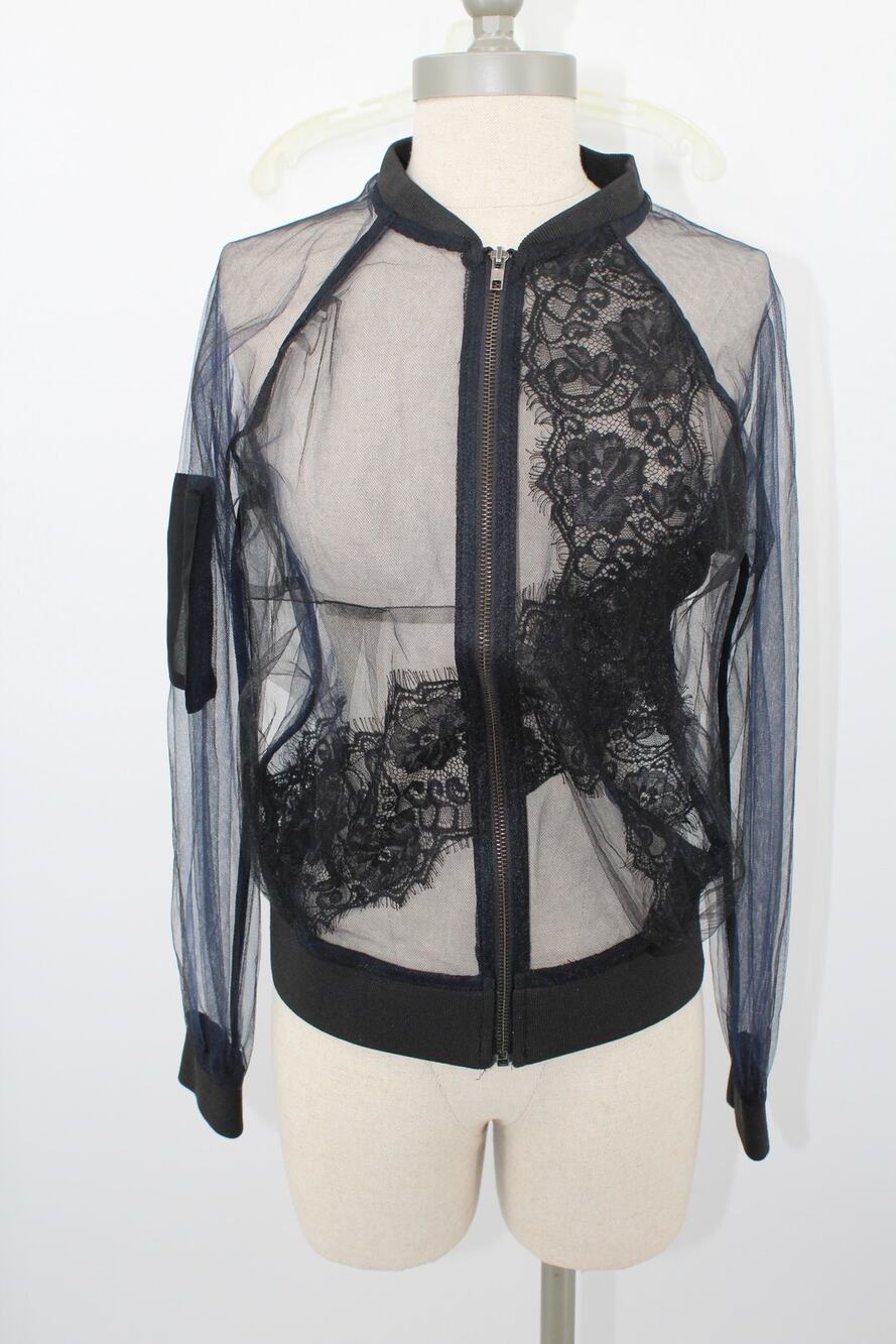 The Vintage Shop Sheer Lace Bomber Jacket Size Small Blue Black